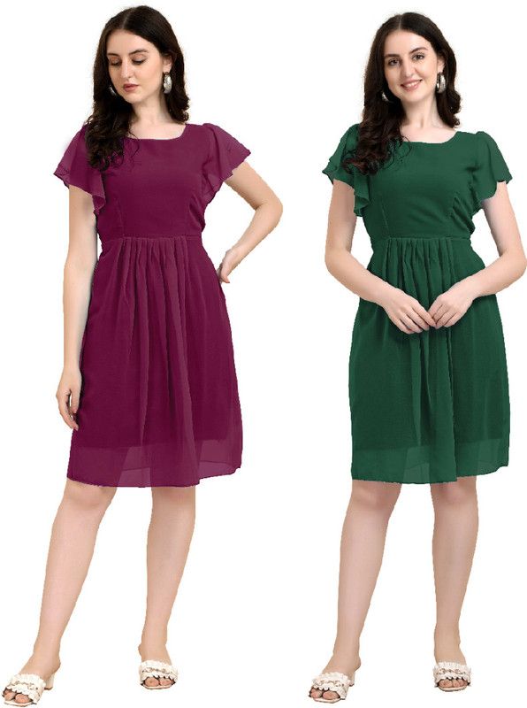 Women Fit and Flare Purple, Green Dress