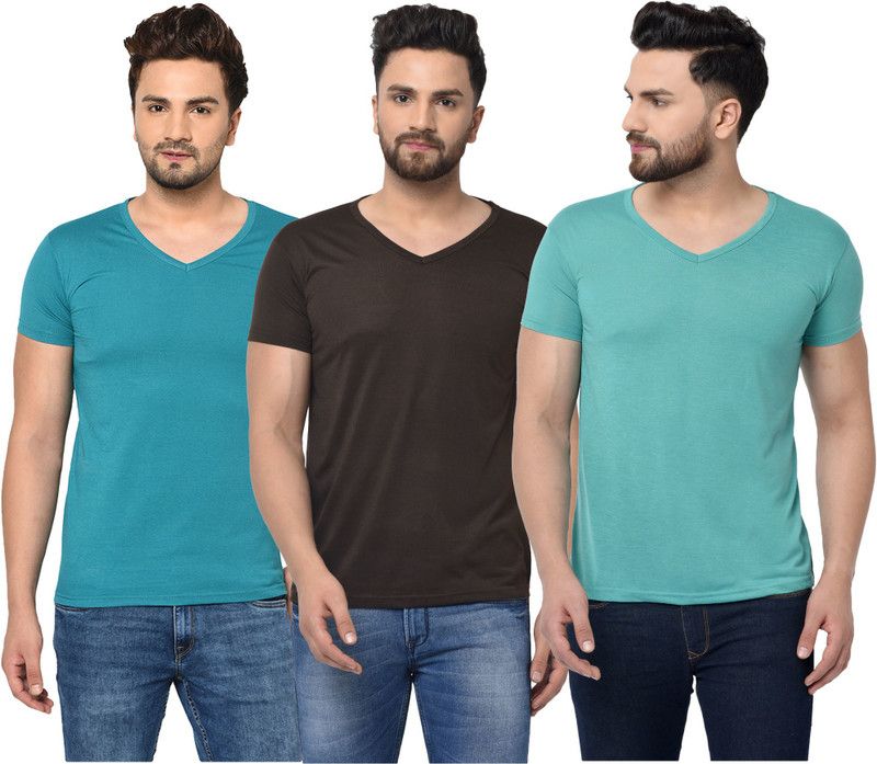 Pack of 3 V neck Combo T-shirts Multicolor Men Solid V Neck Cotton Blend Green, Brown, Blue T-Shirt