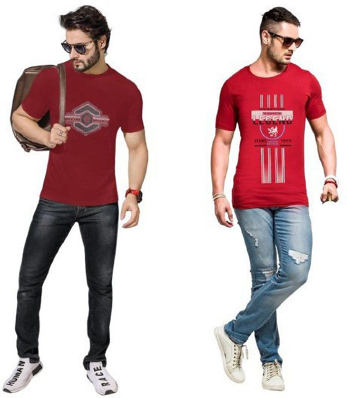 Pack of 2 Men Printed Round Neck Cotton Blend Maroon, Red T-Shirt