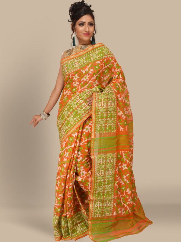 Woven Jamdani Pure Cotton Saree  (Orange)