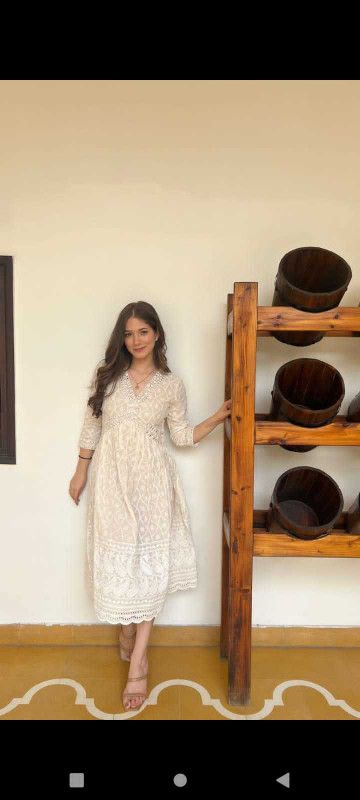 Women Chikan Embroidery Cotton Silk Gown Kurta  (White)