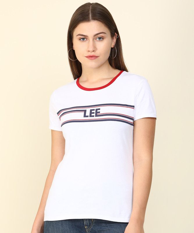 COLLEN Women Printed Round Neck Pure Cotton White T-Shirt