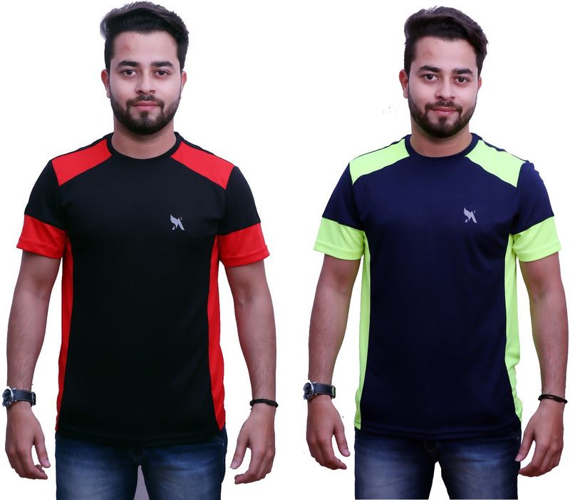 Pack of 2 Men Solid Round Neck Polyester Dark Blue, Red, Black T-Shirt