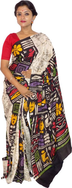 Hand Painted Hand Batik Pure Cotton Saree  (Multicolor)