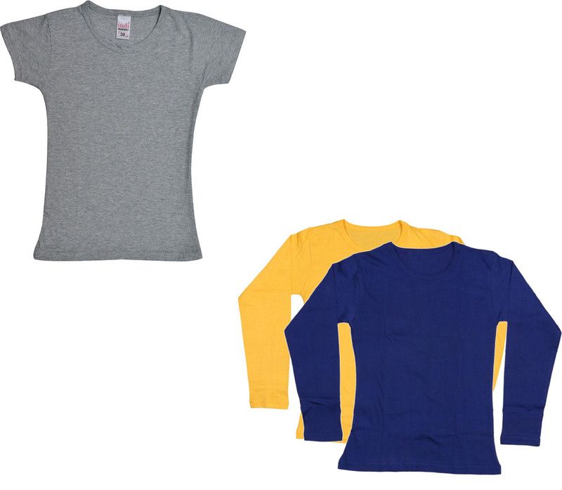 Girls Solid Cotton Blend T Shirt  (Yellow, Pack of 3)