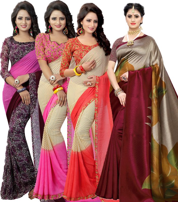 Printed Bollywood Georgette Saree  (Pack of 4, Purple, Red, Pink)