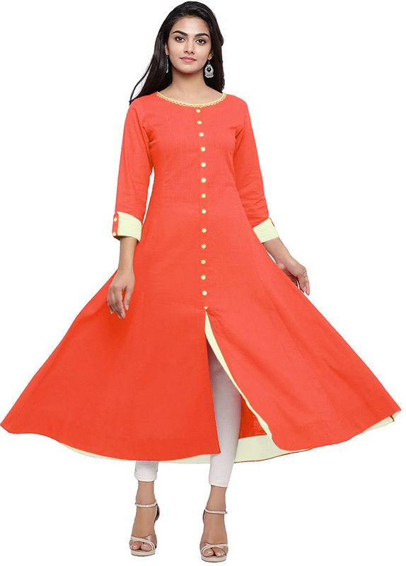 Women Self Design Cotton Rayon Frontslit Kurta  (Orange)