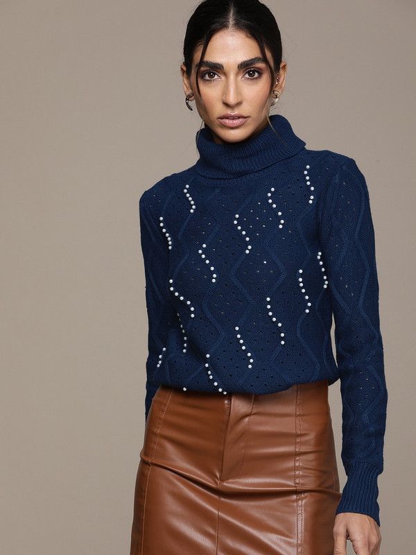 Women Self Design Turtle Neck Dark Blue Sweater