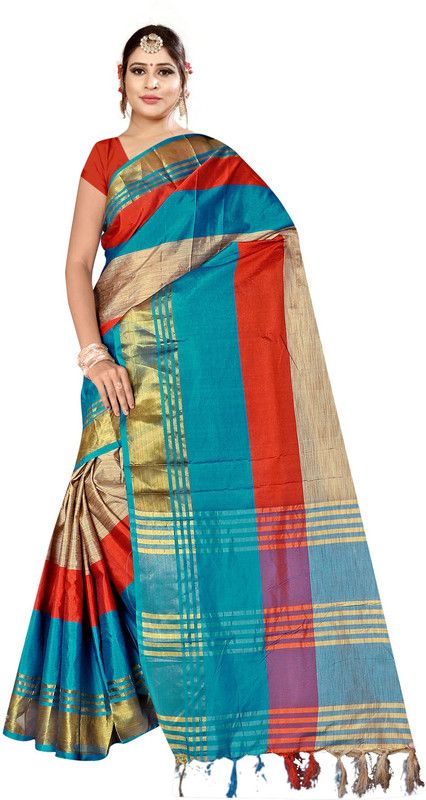 Striped Maheshwari Art Silk Saree  (Blue)