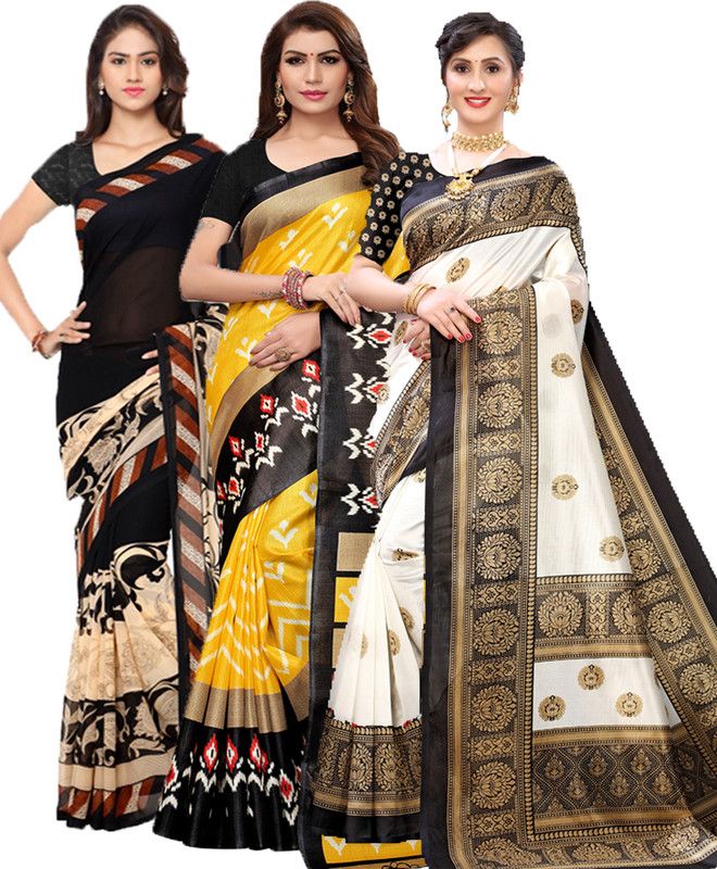 Geometric Print Bollywood Georgette Saree  (Pack of 3, Black, Yellow)