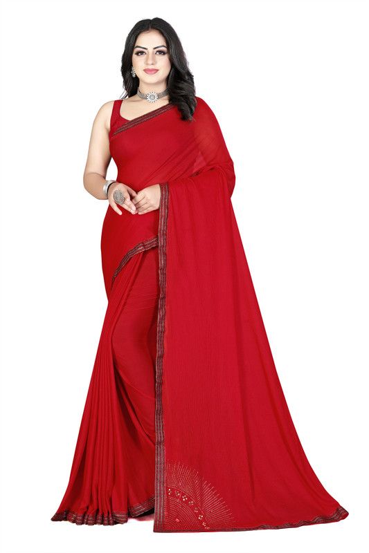 Solid/Plain Assam Silk Lycra Blend Saree  (Red)
