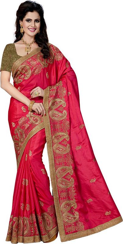 Paisley, Embroidered Bollywood Art Silk Saree  (Pink)