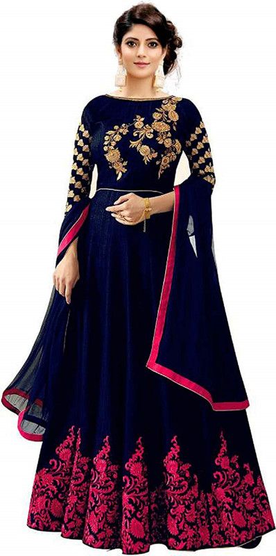 Embroidered Silk Blend Semi Stitched Anarkali Gown  (Dark Blue, Gold)