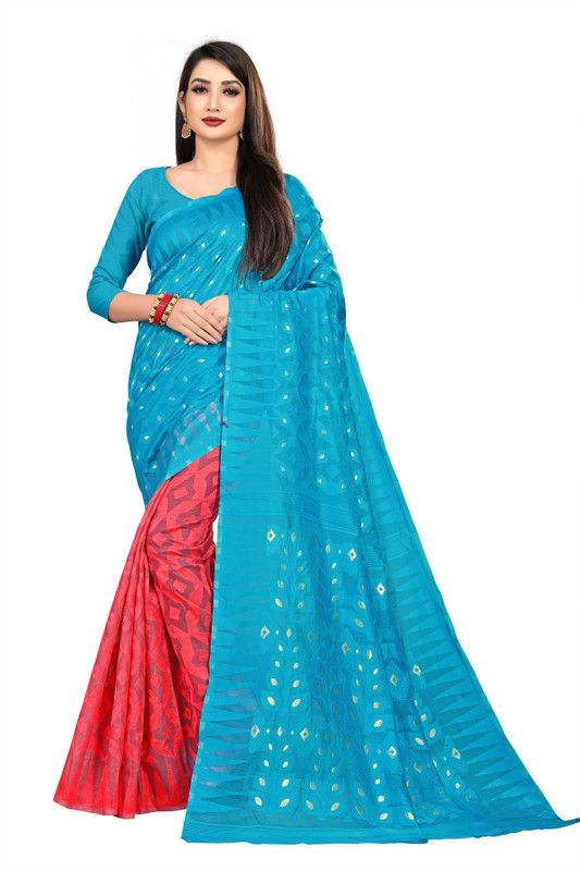 Self Design Jamdani Cotton Blend Saree  (Light Blue)