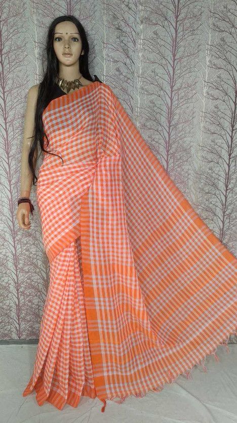 Checkered Handloom Pure Cotton Saree  (Orange)