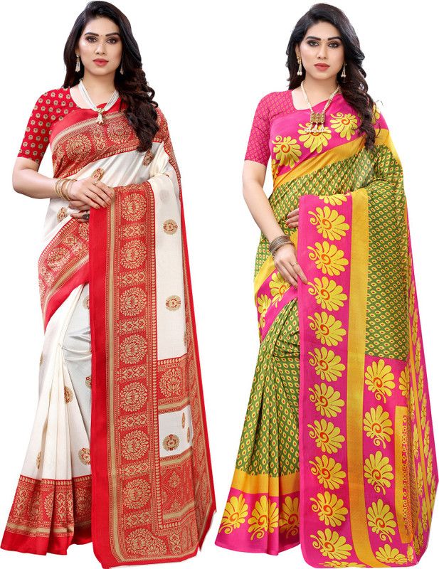 Geometric Print, Printed Kanjivaram Cotton Silk Saree  (White, Green)
