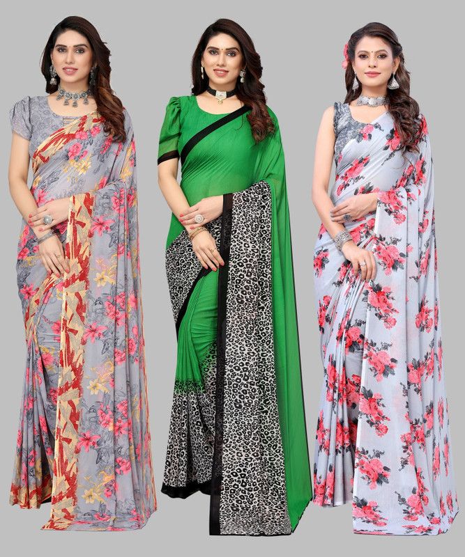 Printed Daily Wear Georgette Saree  (Pack of 3, Green, Grey)