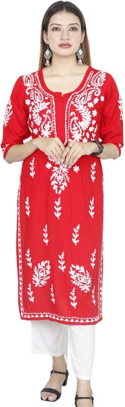 Women Chikan Embroidery Cotton Rayon Straight Kurta  (Red)