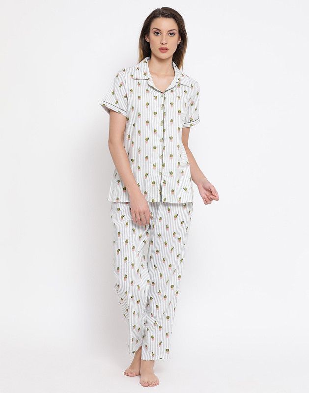 Women Top & Pyjama Set White Geometric Print