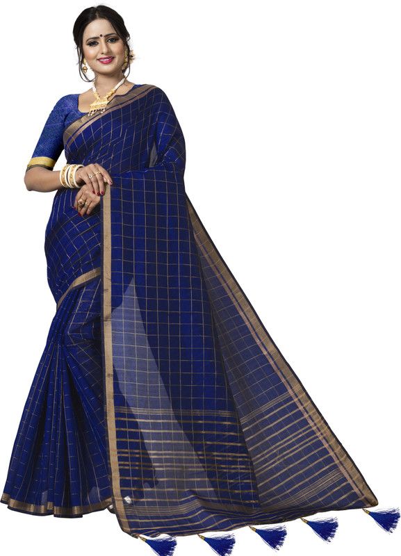 Checkered Bollywood Tussar Silk, Cotton Silk Saree  (Dark Blue)