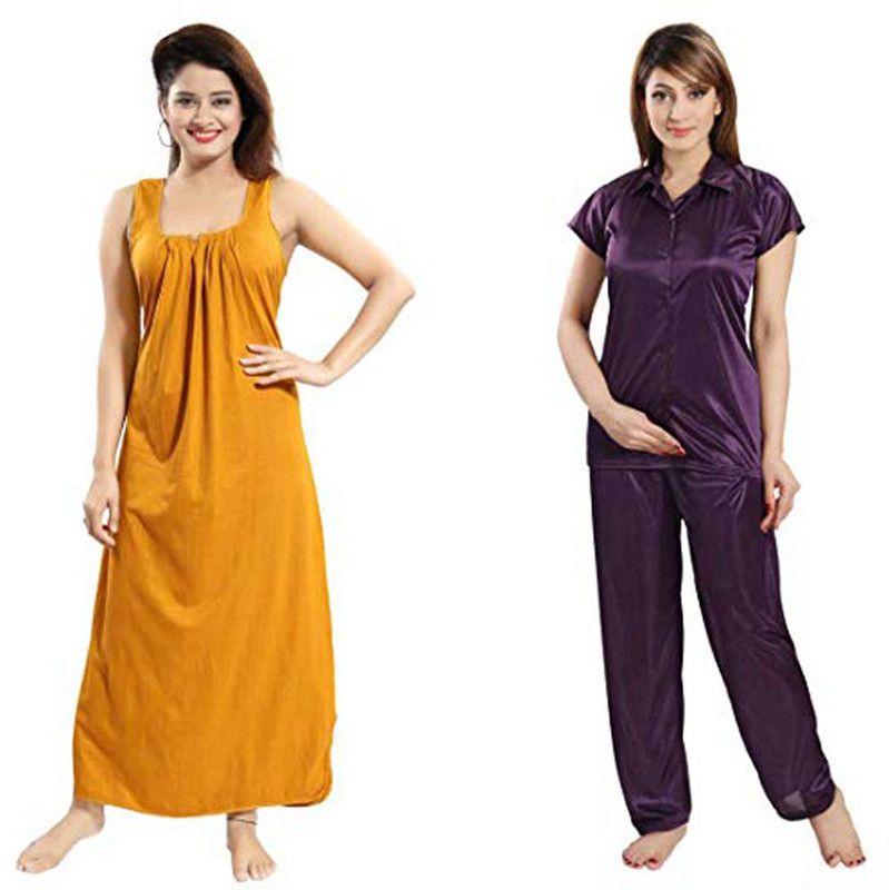 Women Night Dress  (Yellow, Purple)