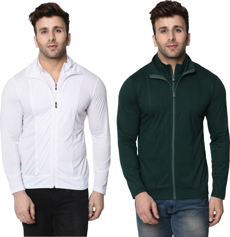 Pack of 2 Men Solid Turtle Neck Cotton Blend Dark Green, White T-Shirt