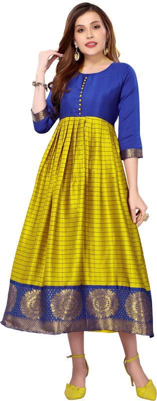 Women Checkered Cotton Silk Anarkali Kurta  (Blue, Yellow)