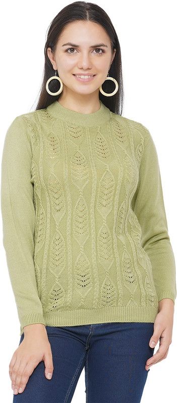 Women Self Design Round Neck Light Green Sweater