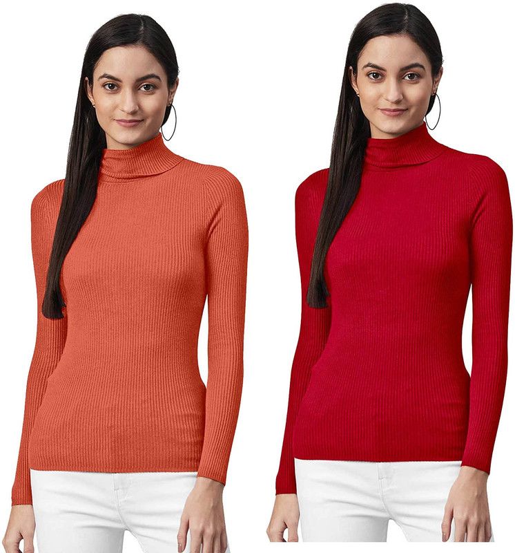 Women Solid High Neck Orange, Red Sweater
