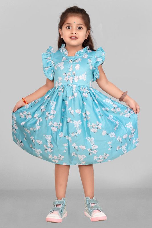 Girls Below Knee Casual Dress  (Blue, Cap Sleeve)