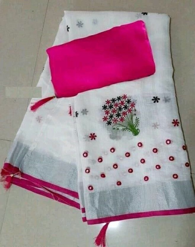Embroidered Daily Wear Cotton Linen Saree  (Pink)