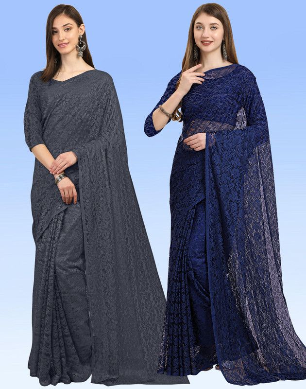 Embellished Bollywood Net, Brasso Saree  (Pack of 2, Grey, Dark Blue)