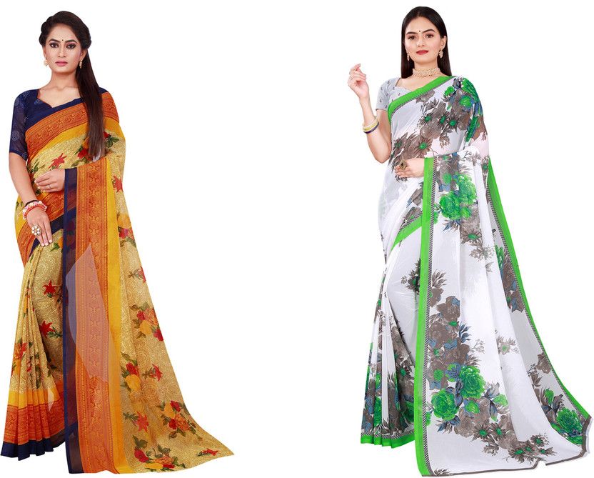 Geometric Print Daily Wear Georgette Saree  (Pack of 2, Dark Green)