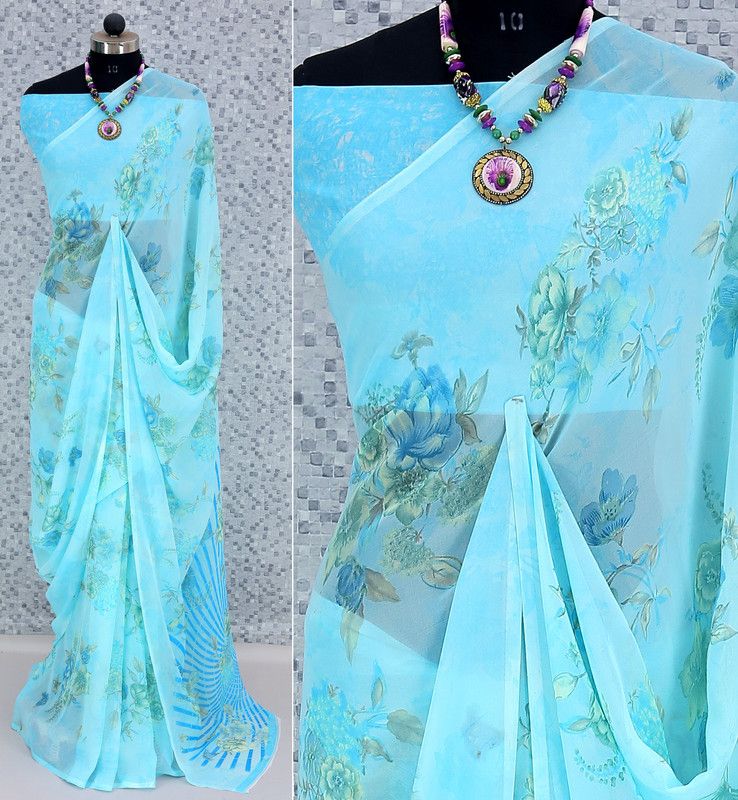 Floral Print, Printed Daily Wear Georgette Saree  (Light Blue)