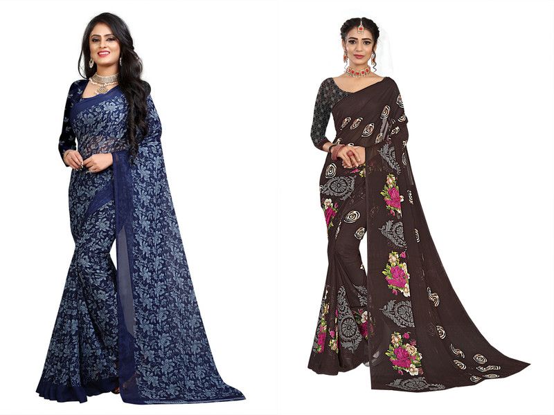 Daily Wear Georgette Saree  (Pack of 2, Dark Blue, Brown)