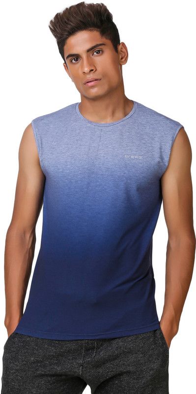 Men Printed Round Neck Poly Cotton Dark Blue, Grey T-Shirt