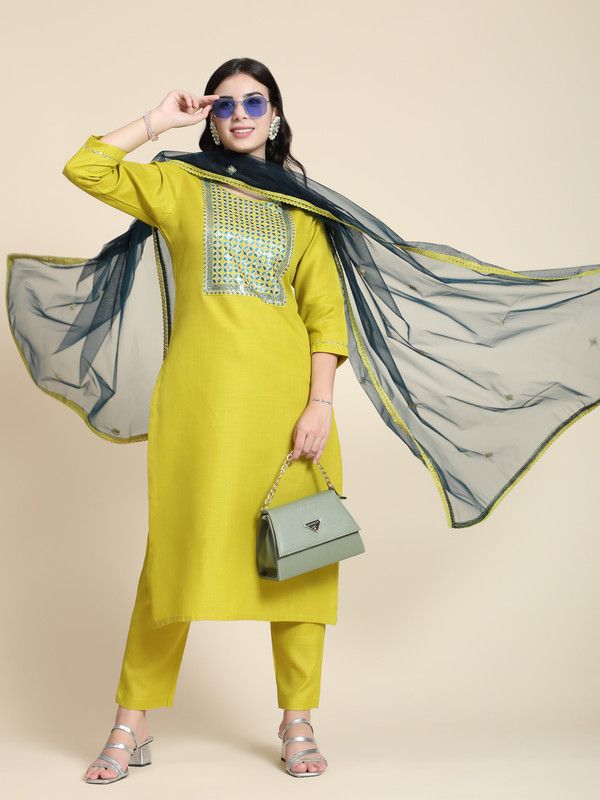 Women Printed Georgette Straight Kurta With Attached Dupatta  (Yellow)