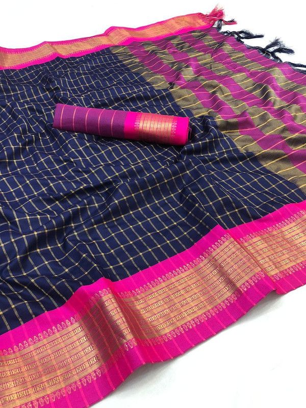 Checkered Fashion Art Silk, Cotton Silk Saree  (Blue)