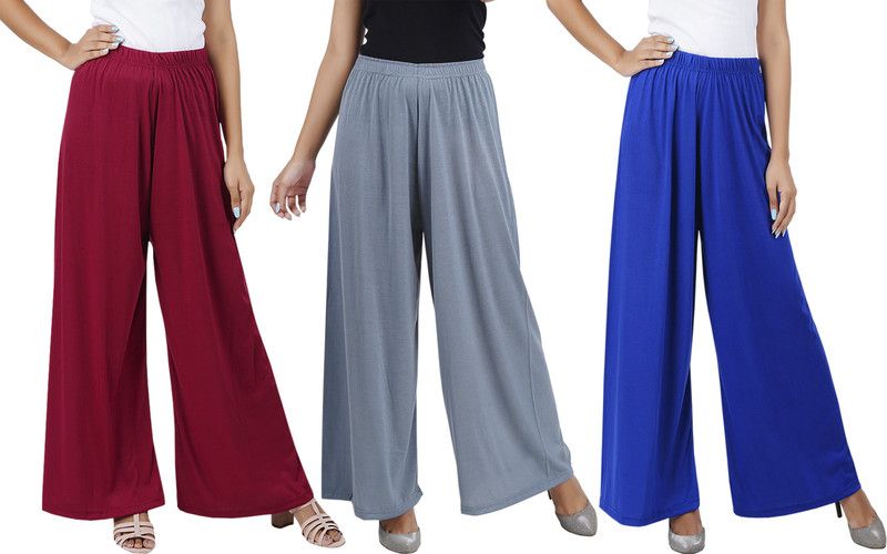Pack of 3 Women Flared Red, Grey, Blue Cotton Blend Trousers