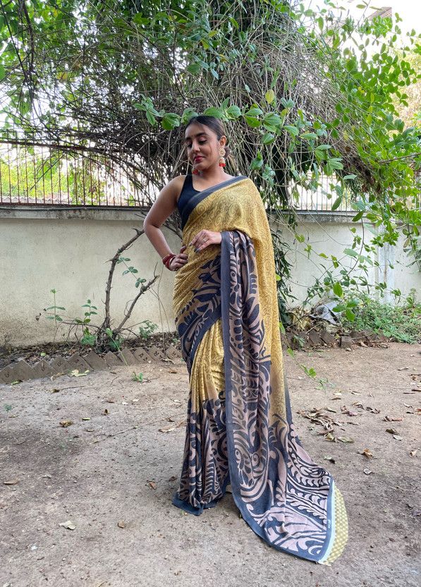 Floral Print Bollywood Georgette Saree  (Grey, Yellow)