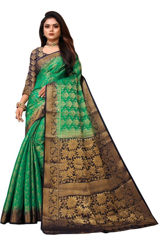 Floral Print Banarasi Nylon Saree  (Green)