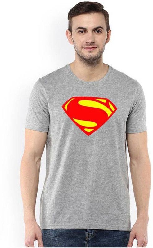 Men Superhero Round Neck Cotton Blend Grey T-Shirt