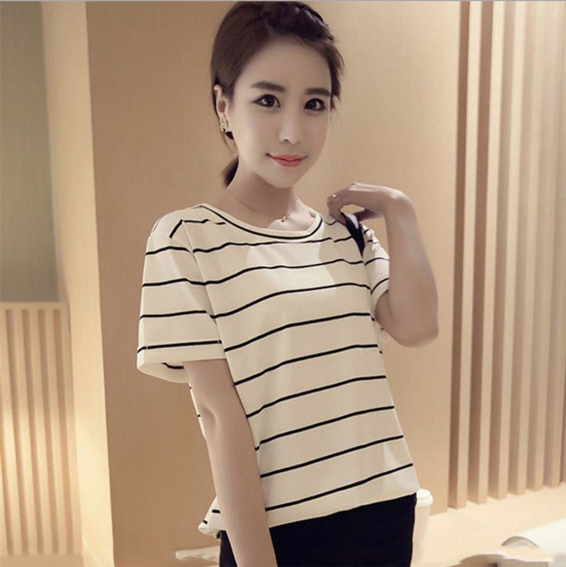 Striped Women Beige T-Shirt