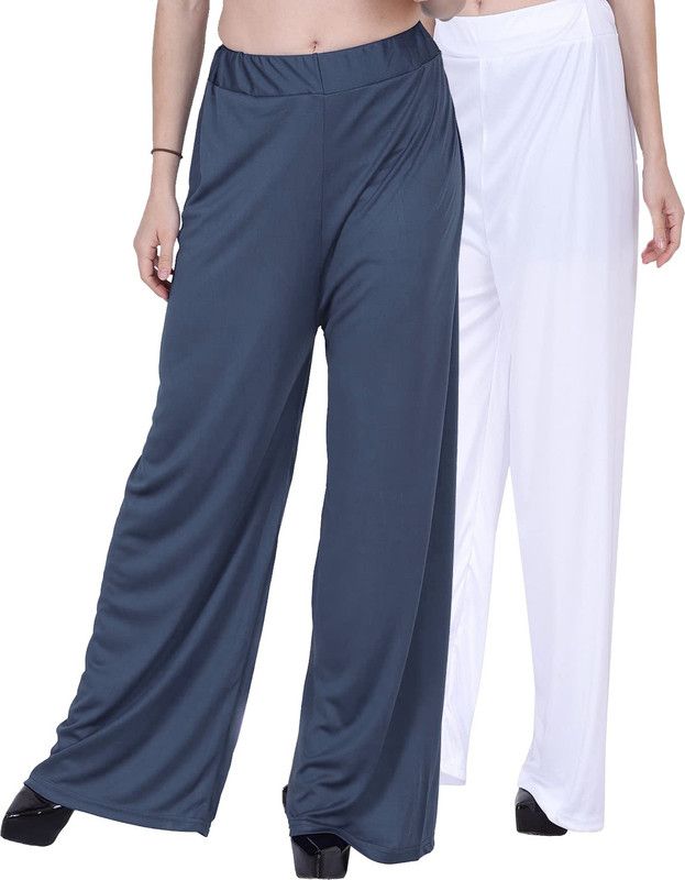 Pack of 2 Women Regular Fit Grey, White Satin Trousers