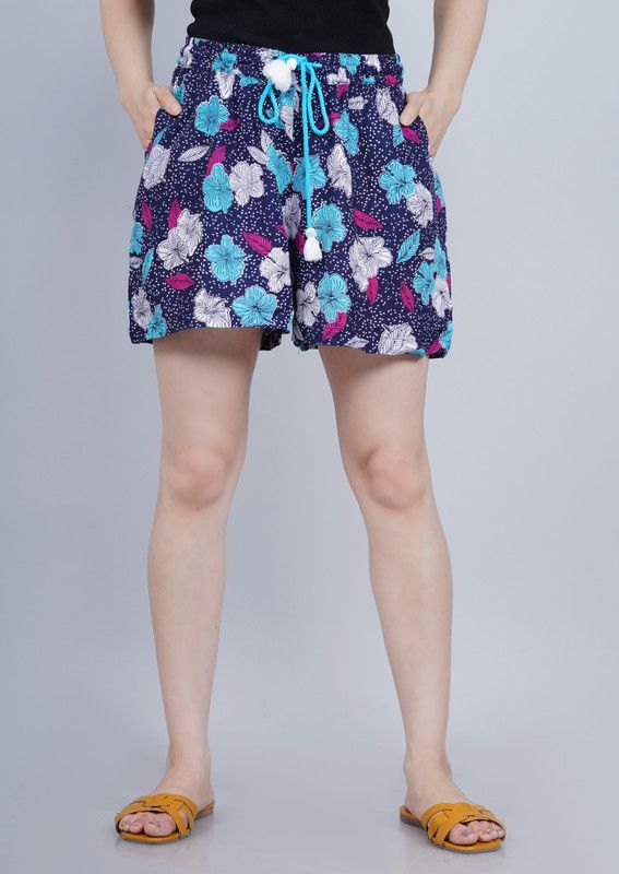 Floral Print Women Blue Hotpants