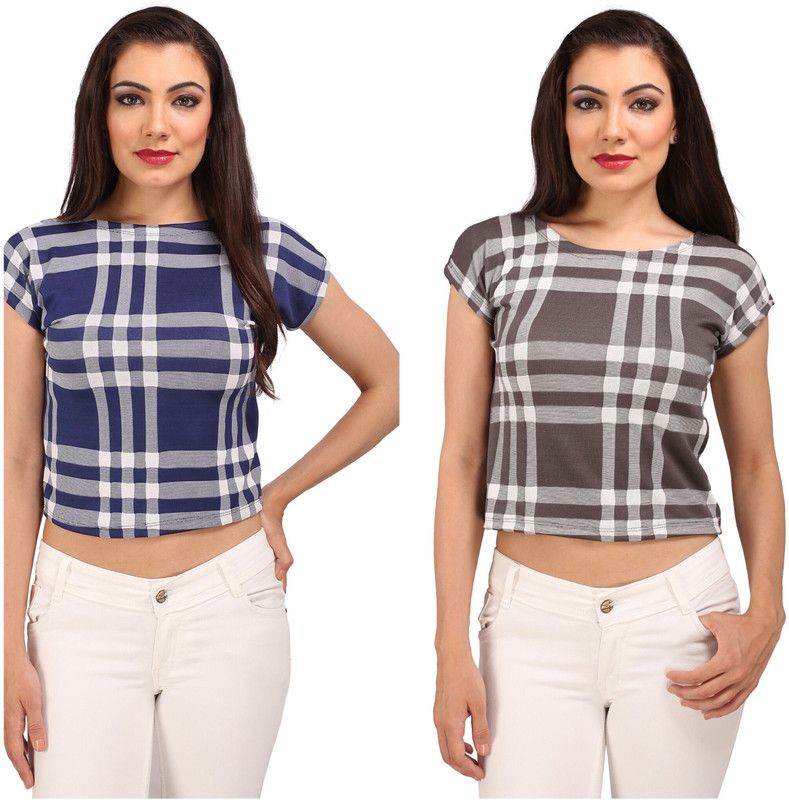Pack of 2 Casual Regular Sleeves Checkered Women Blue Top