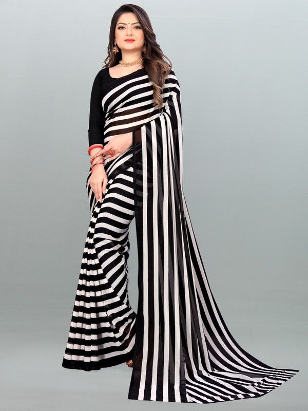 Printed, Striped Daily Wear Georgette Saree  (White, Black)