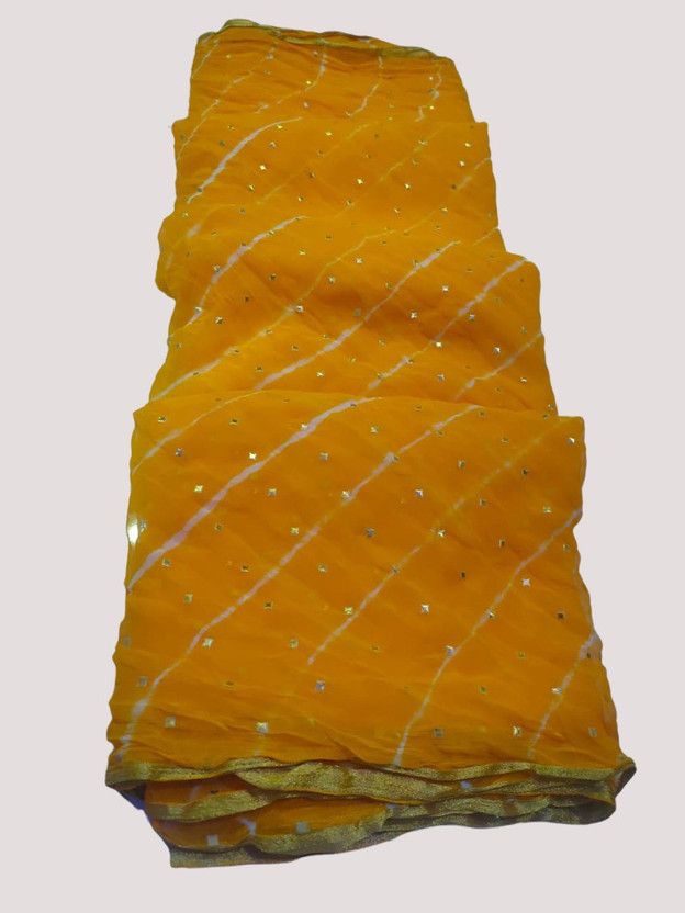 Striped Bandhani Chiffon Saree  (Yellow)