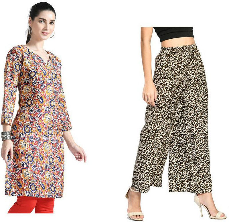 Pack of 2 Women Printed Crepe Flared Kurta  (Pink, Beige)