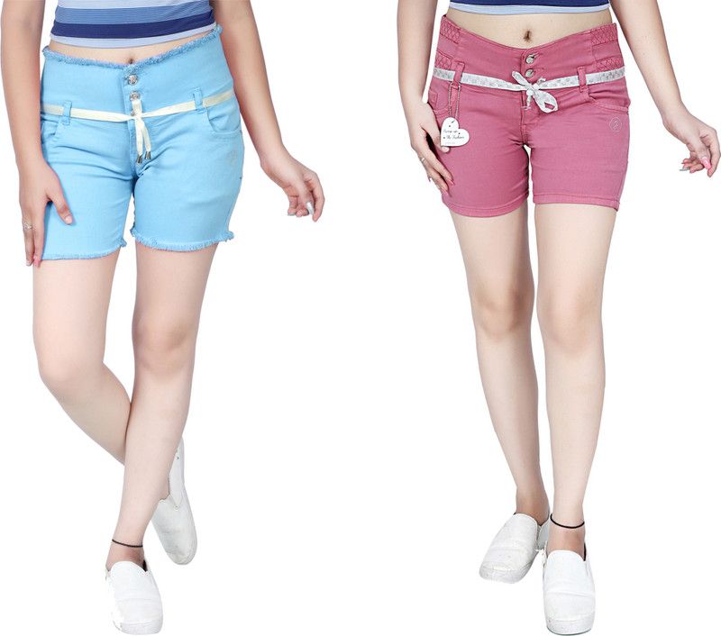 Pack of 2 Solid Women Denim Light Blue, Pink Denim Shorts